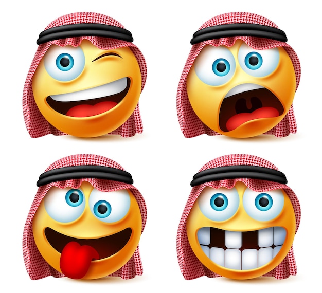 Vetor conjunto de vetores de emoticons da arábia saudita emoji da arábia saudita, cabeça de rosto engraçado, louco e impertinente