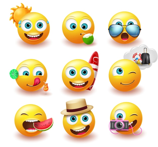 Conjunto de vetores de emoticons de verão emoji ícone amarelo de emojis com expressão facial e elemento de praia