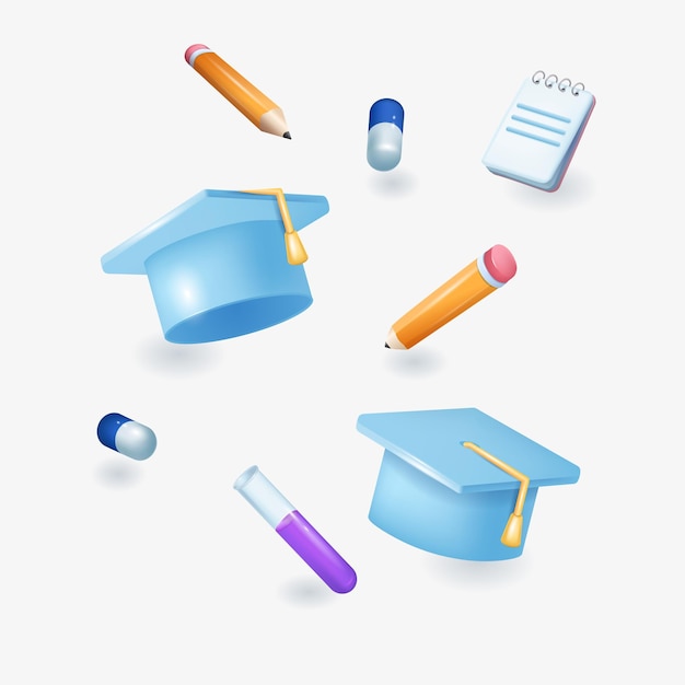 Vetor conjunto de vetores de escola freelance de educação on-line ícone de tampões de graduação tubos de ensaio vitaminas livros lápis
