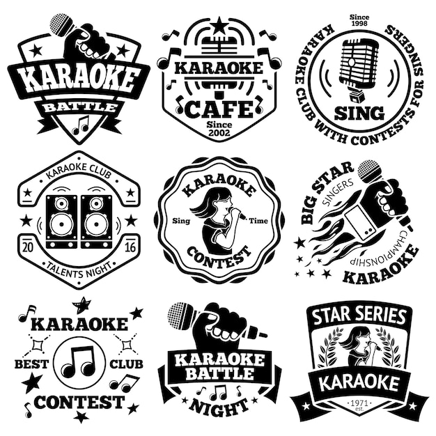 Conjunto de vetores de etiquetas de karaoke, emblemas