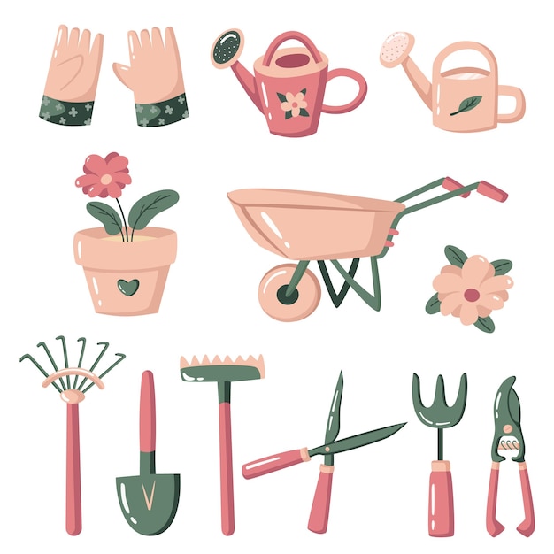 Conjunto de vetores de ferramentas de jardim. Equipamento desenhado à mão para jardinagem - pá, ancinho, tesouras de podar, regador