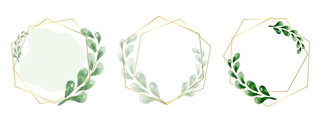 Conjunto de vetores de fundo de quadro floral aquarela abstrato Design de convite em aquarela com folhas Moldura geométrica dourada e pinceladas de aquarela
