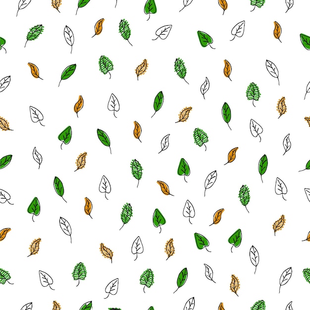 Conjunto de vetores de fundo simples e sem costura 9 rabiscos desenhados à mão folha verde e marrom