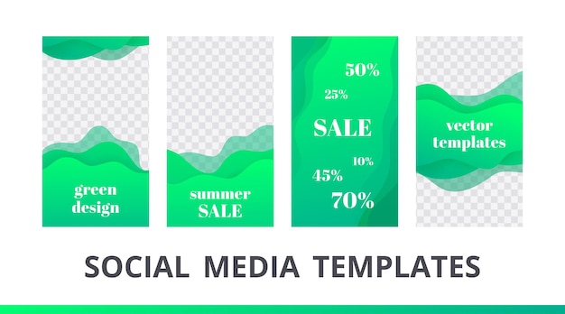 Conjunto de vetores de histórias do instagram em gradiente verde, quadro e modelos editáveis pós-design líquido