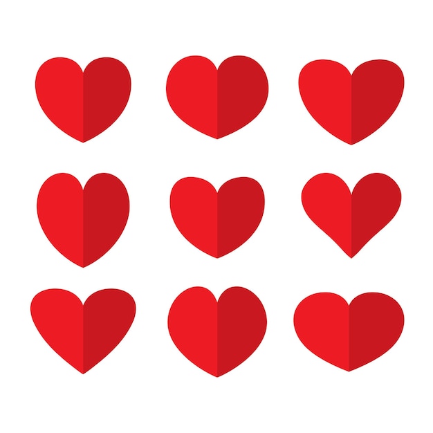 Conjunto de vetores de ícones de corações vermelhos