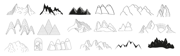 Conjunto de vetores de ícones de doodle de montanhas conjuntos de silhuetas de rochas cordilheiras e topos em um estilo linear logotipo de caminhada de inverno