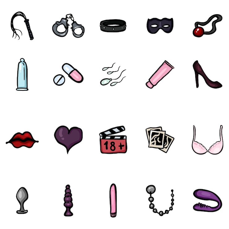 Vetor conjunto de vetores de ícones de loja de sexo de doodle de cor