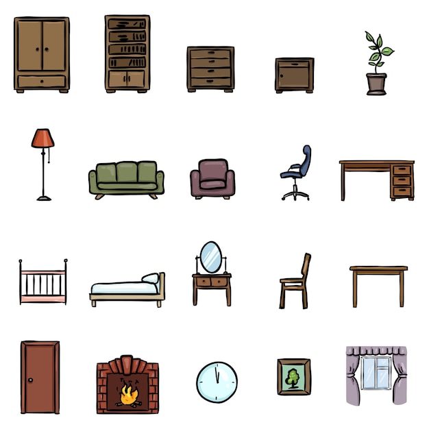 Conjunto de vetores de ícones de móveis doodle