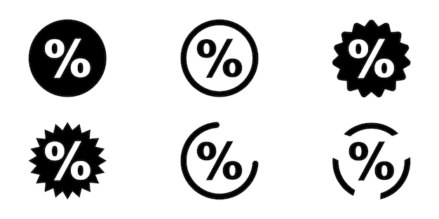 Vetor conjunto de vetores de ícones de porcentagem. ícones pretos de desconto ou cupom. porcentagem de sinal.