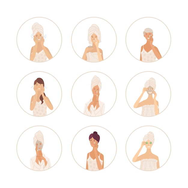Vetor conjunto de vetores de ícones de rotina diária para mulheres de cuidados com a pele