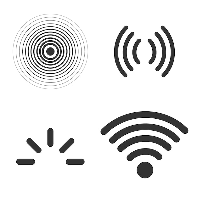 Conjunto de vetores de ícones de sinal isolado no estilo de contorno de linha de fundo branco sinais de rádio ondas e raios de luz antena wifi radar e símbolos de sinal de satélite