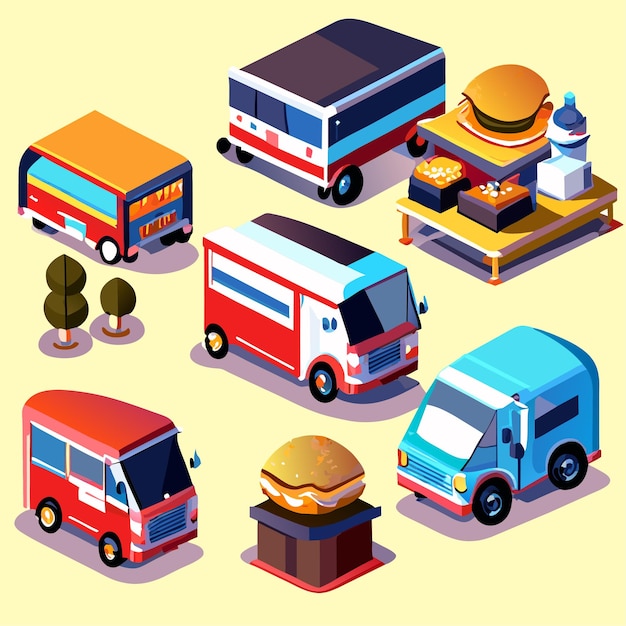 Vetor conjunto de vetores de ícones isométricos de caminhões de comida de rua e veículos