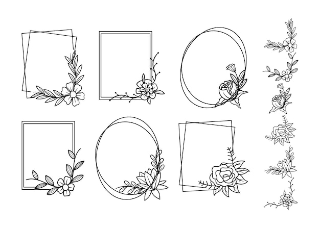 Conjunto de vetores de ilustração de arte de linha de moldura floral