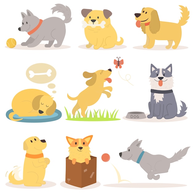 Conjunto de vetores de ilustração de cães engraçado dos desenhos animados em estilo simples