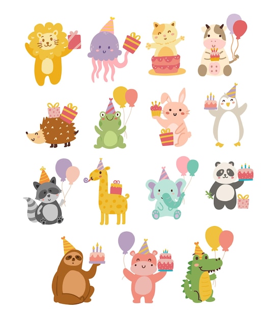 Conjunto de vetores de ilustração de festa de aniversário de animal de desenho animado fofo