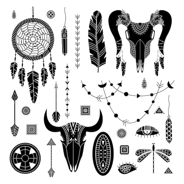 Conjunto de vetores de ilustrações boho. estilo simples. dreamcathers, crânio de animal, penas e flechas