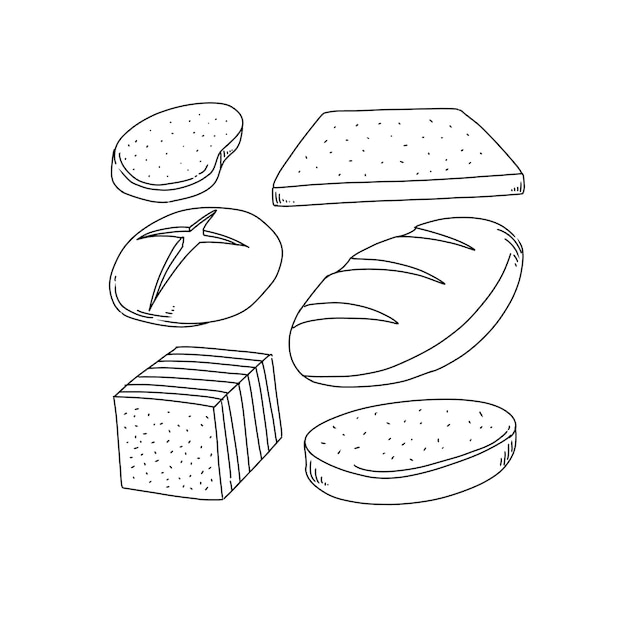 Conjunto de vetores de ilustrações de rabiscos desenhados à mão de pão de padaria