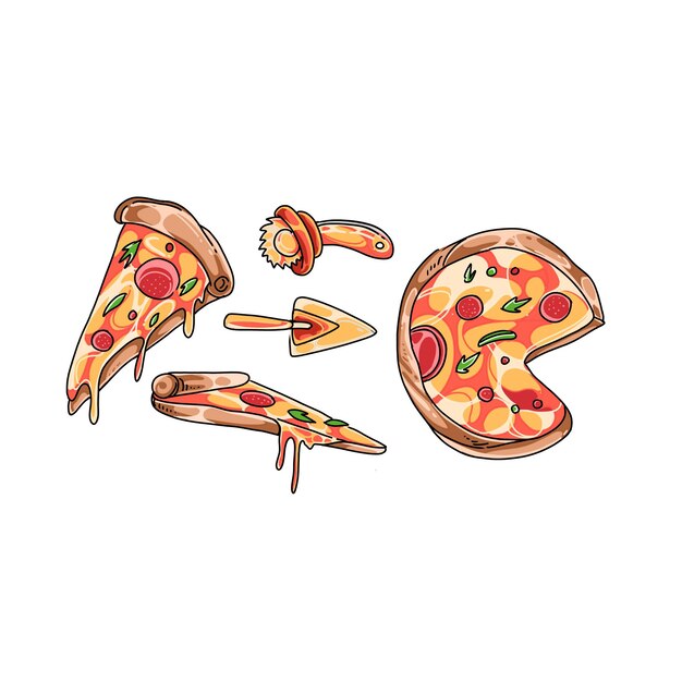 Conjunto de vetores de ilustrações de rabiscos desenhados à mão de pizza