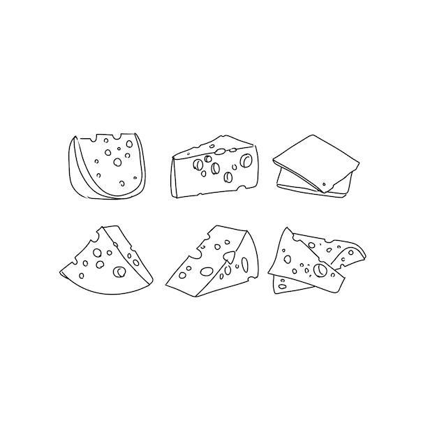 Conjunto de vetores de ilustrações de rabiscos desenhados à mão de queijo