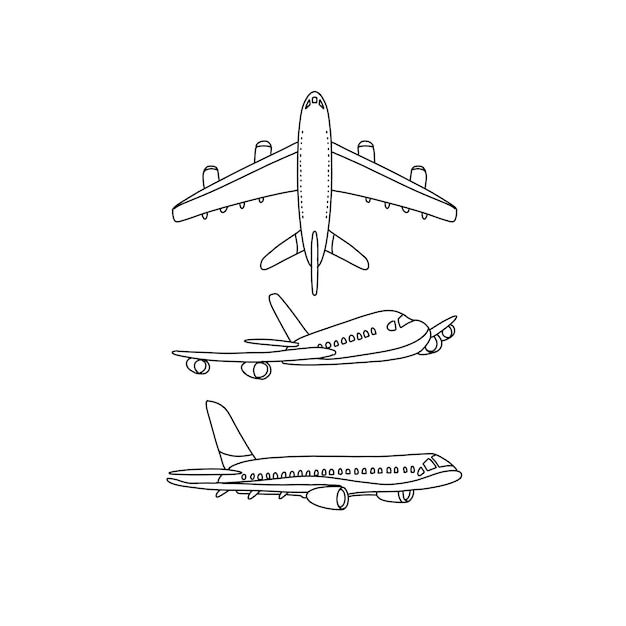Conjunto de vetores de ilustrações de rabiscos desenhados à mão de viagem de avião