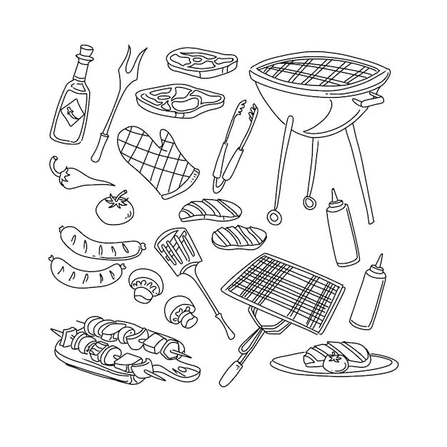 conjunto de vetores de ilustrações de rabiscos desenhados à mão para churrasco