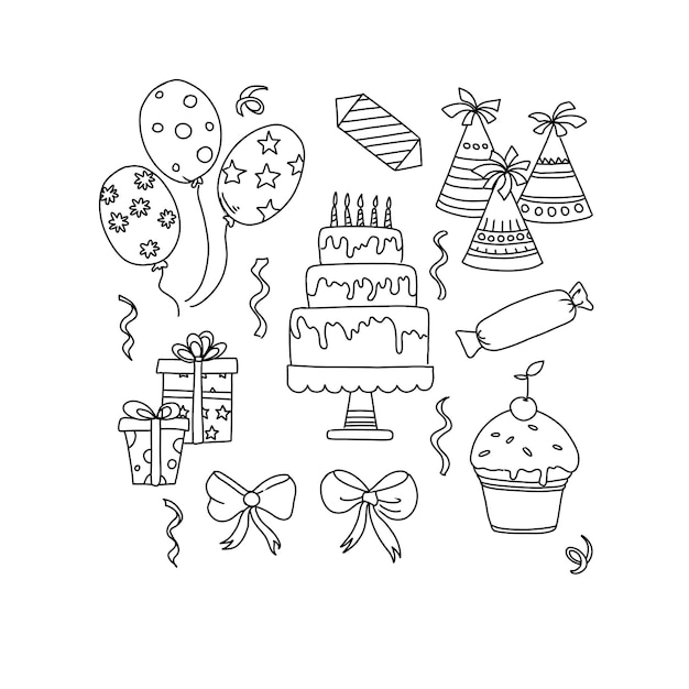 conjunto de vetores de ilustrações de rabiscos desenhados à mão para festa de feliz aniversário