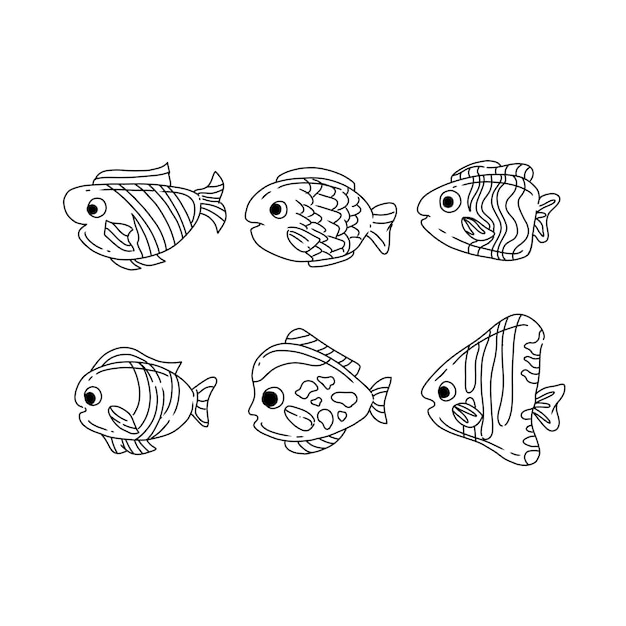 conjunto de vetores de ilustrações de rabiscos feitos à mão de peixe