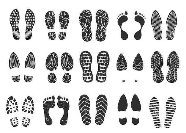 Conjunto de vetores de impressão de sapato de tênis, pegadas, silhueta, pegadas, bota
