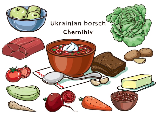 Vetor conjunto de vetores de ingredientes de borsch ucraniano de chernihiv