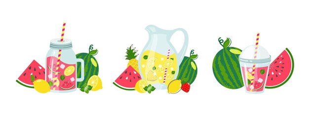 Vetor conjunto de vetores de limonada. bebida de verão em jarra de vidro com fatia de limão, cubos de gelo, hortelã e frutas de verão. limonada caseira doce saudável com ilustração de melancia