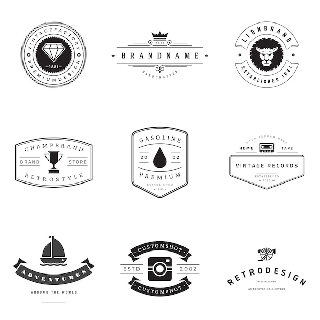 Conjunto de vetores de logotipos retrô Elementos de design gráfico vintage para logotipos etiquetas de identidade crachás fitas setas e outros objetos