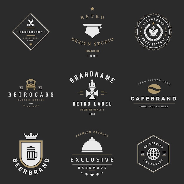 Conjunto de vetores de logotipos retrô elementos de design gráfico vintage para logotipos etiquetas de identidade crachás fitas setas e outros objetos