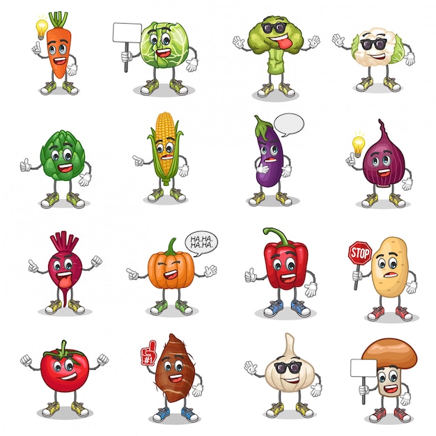 Conjunto de vetores de mascote de desenhos animados de legumes com emoticon