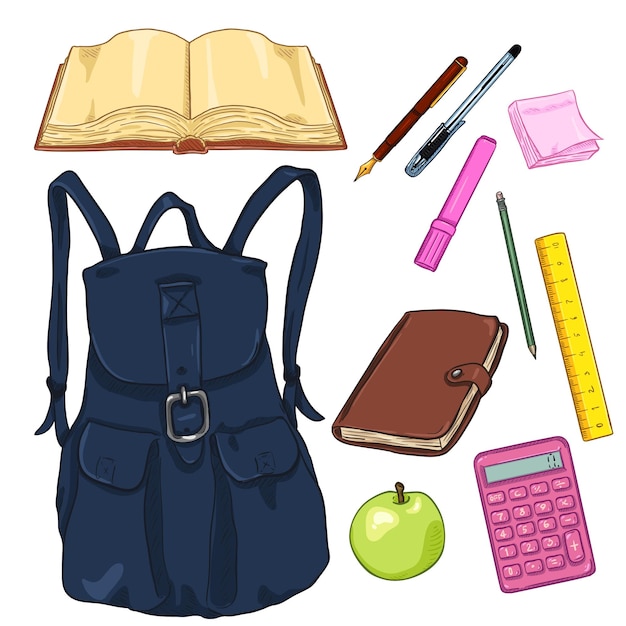 Vetor conjunto de vetores de mochila de desenho animado e material escolar