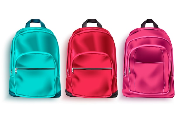 Conjunto de vetores de mochila escolar Mochila escolar e coleção 3d de bagagem na cor verde vermelha e rosa