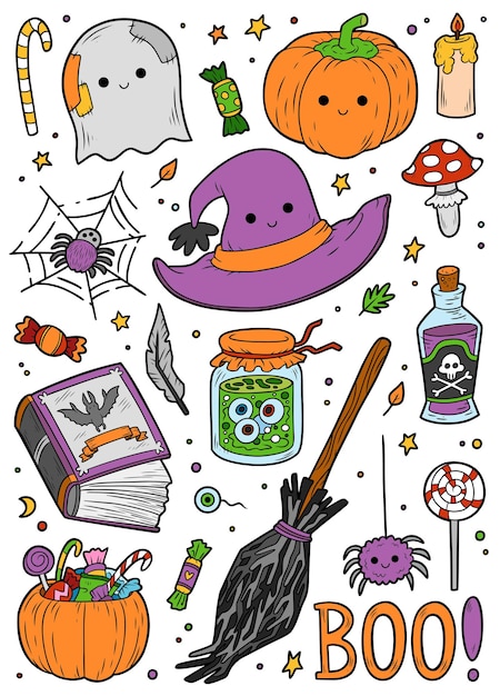 Conjunto de vetores de objetos de halloween. coleção de desenhos animados para crianças