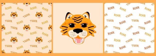 Conjunto de vetores de padrões e cartaz com um tigre e a inscrição tigre e rugido no estilo cartoon