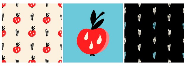 Conjunto de vetores de padrões e um pôster com uma maçã vermelha e corações em um estilo simples