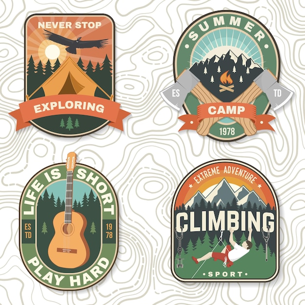 Vetor conjunto de vetores de patches de logotipo de acampamento
