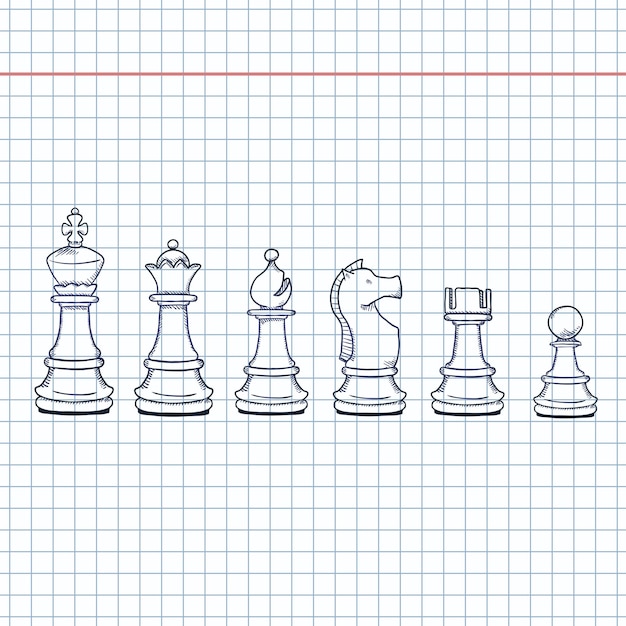 Vetor conjunto de vetores de peças de xadrez de esboço coleção completa de figuras de xadrez
