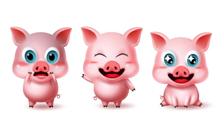 Vetor conjunto de vetores de personagens de animais de porco emoji de avatar 3d de personagem de porco em surpresa feliz animado