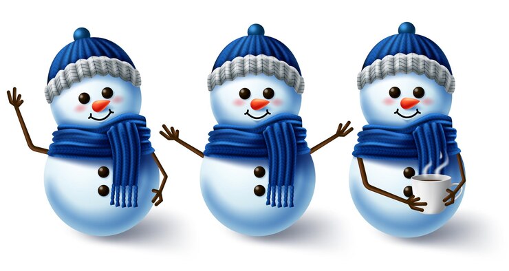 Vetor conjunto de vetores de personagens de inverno personagens 3d de boneco de neve de inverno usando cachecol e chapéu para a temporada de inverno