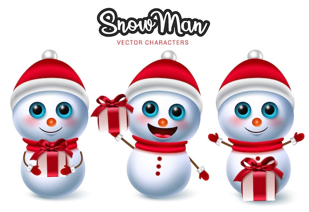 Vetor conjunto de vetores de personagens de natal do boneco de neve personagem 3d fofa do homem da neve em um presente