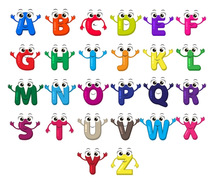 Vetor conjunto de vetores de personagens do alfabeto abc dos desenhos animados.