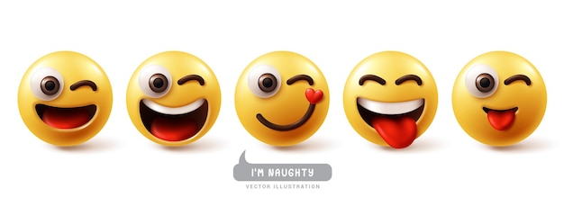 Conjunto de vetores de personagens emoticons emojis impertinentes emoji emoções expressão facial em feliz alegria engraçada