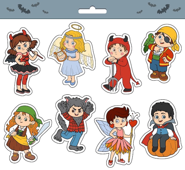 Conjunto de vetores de personagens infantis de halloween em adesivos de desenhos animados com crianças em fantasias de carnaval