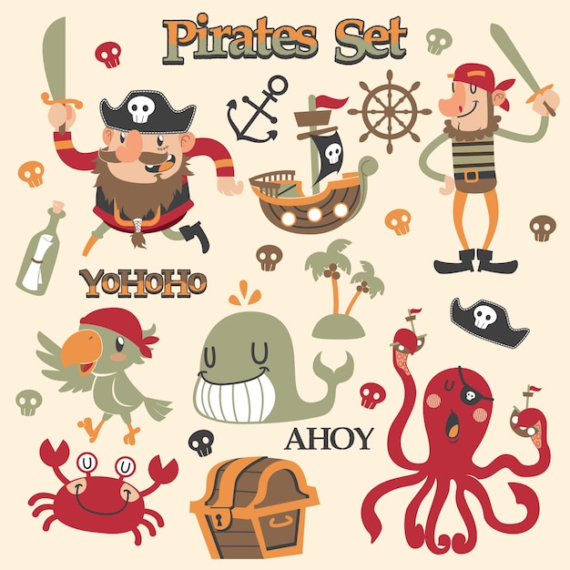 Conjunto de vetores de piratas bonito dos desenhos animados