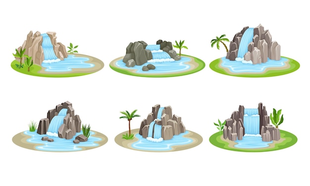 Conjunto de vetores de pontos de cascata tropical em ilhas arredondadas verdes