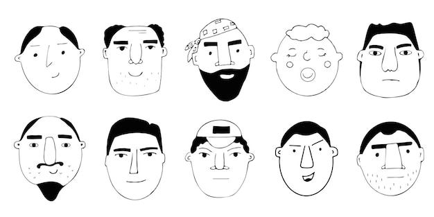 Conjunto de vetores de retratos de pessoas. desenhos animados engraçados personagens masculinos minimalistas de diferentes idades. desenhos de rostos masculinos com diferentes emoções e humores.