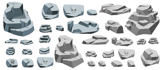 Conjunto De Desenhos Animados De Pedra Ilhas Isométricas Com Vulcões,  Lagos, Cachoeiras, Geleiras, Crateras, Cristais E Rochas. Elementos  Coloridos Para Computador De Fantasia Ou Jogo Para Celular. Design De Vetor  Plana Isolada.